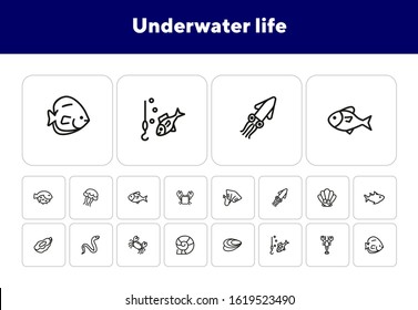 Underwater life line icon set. Fish, crab, eel. Nature concept. Can be used for topics like fishing, seafood, marine biology
