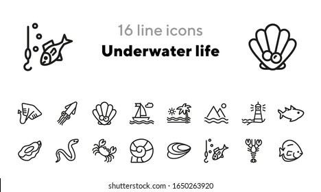 Underwater life line icon set. Fish, crab, seascape. Nature concept. Can be used for topics like sea, ocean life, vacation, fishing, scuba diving