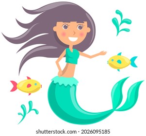 Underwater life of mermaid, blue fish, sea horse, coral and seaweed in ocean. Marine fairytale characters on white background. Girl with mermaid tail and long hair, cartoon water nymph,