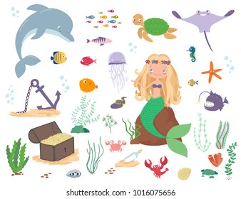 Underwater life. Mermaid, sea animals and seaweed. Cartoon vector illustration on a white background