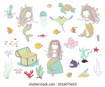 Underwater life. Mermaids and sea animals. Cartoon vector illustration on a white background