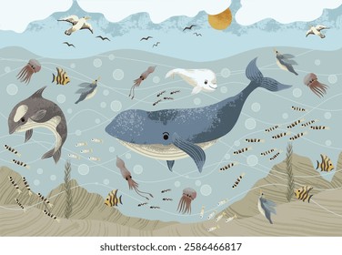 Underwater life mural for kids with sea animals. Vector