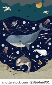 Underwater life mural for kids with sea animals. Vector