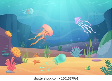 Underwater life. Ocean landscape with fishes and beautiful jellyfish aquarium natural animals vector cartoon background