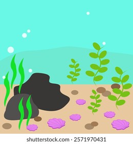 Underwater life. Purple seashells and green plants.