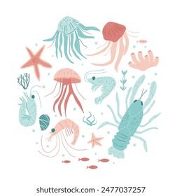 Underwater life round composition isolated on white background. Crustaceans and aquatic Invertebrates. Ocean animals and marine life. Set of Vector hand drawn illustration.