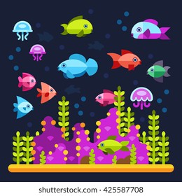 Underwater life with sea animals in flat style. Water ocean animal fish and underwater illustration vector fish