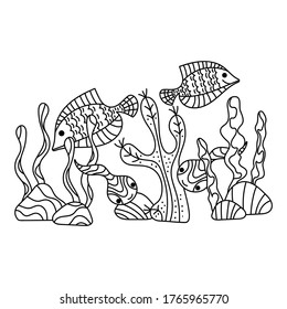 Underwater life, sea in Doodle style .Tropical fish, algae, coral . Anti-stress coloring books page for adults and children