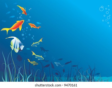 Underwater life, sea. Fish, seaweeds, bubbles. Copy space for text. Vector illustration