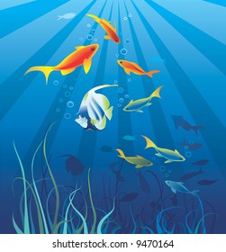 Underwater life, sea. Fish, seaweeds, rays, bubbles. Vector illustration