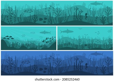 Underwater life at sea or ocean bottom. Panoramic underwater seascape background. Exotic undersea world with coral reef, seaweeds and aquatic habitats in depth. Vector illustration.