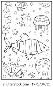 Underwater life in the sea, ocean. Hand drawn coloring for kids and adults. Beautiful simple drawings with patterns. Coloring book pictures with fish. Vector