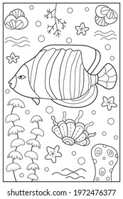 Underwater life in the sea, ocean. Hand drawn coloring for kids and adults. Beautiful simple drawings with patterns. Coloring book pictures with fish. Vector