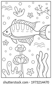 Underwater life in the sea, ocean. Hand drawn coloring for kids and adults. Beautiful simple drawings with patterns. Coloring book pictures with fish. Vector