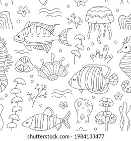Underwater life in the sea, ocean. Seamless pattern. Hand drawn coloring for kids and adults. Beautiful simple drawings with patterns. Coloring book pictures with fish. Vector