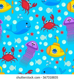 Underwater life, Seamless colorful pattern, cartoon heroes, bright colors