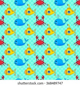 Underwater life, Seamless colorful pattern with cartoon heroes: whales, crabs and submarines