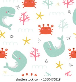 Underwater life seamless pattern with cute whale and crab. Kids marine print. Vector hand drawn illustration.