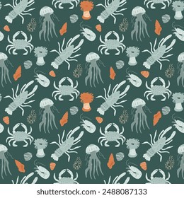 Underwater life seamless pattern. Marine creatures like lobsters, jellyfish, crabs, coral or sea anemones, and seashells on dark teal backdrop. Endless ocean scene. Vector hand drawn illustration