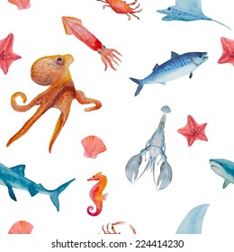 Underwater life seamless pattern on white background. Watercolor hand drawn texture with octopus, fish, sea star, sea horse and crab.