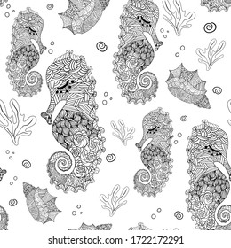 Underwater life Seamless pattern texture vector for adults and kids. Hand drawn seamless pattern ocean animals. Coloring page, coloring book marine life, underwater, outline seahorse, water creatures.