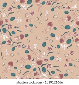 Underwater life seamless vector pattern with posidonia sea grass, starfish, and jelly fish in autumn colors. Colorful surface pattern design for fabric, wallpaper, scrapbooking projects, backgrounds.