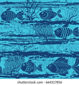 Underwater life. Seamless vector pattern with hand-drawn fish. Marine cartoon background.