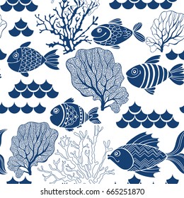 Underwater life. Seamless vector pattern with hand-drawn fishes and marine plants. Marine cartoon background.