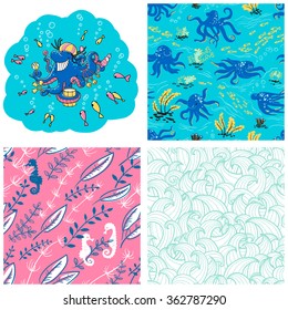 Underwater life set. Seamless patterns with octopus and waves 