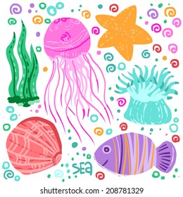 Underwater life. Set of simple illustrations.