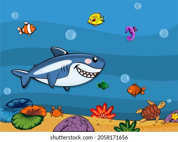 underwater life shark crab and plants
