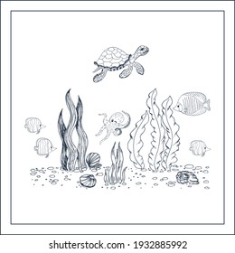 Underwater life. Small sketch with turtle, octopus, fishes
and algae.