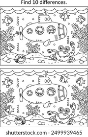 Underwater life with submarine, fish, crab, algae find difference game and coloring page 
