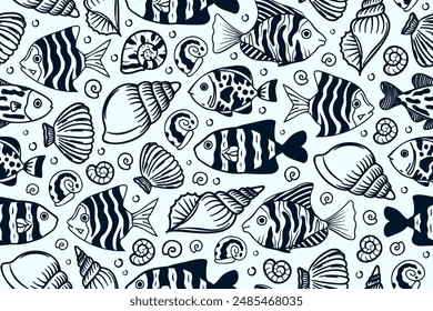 Underwater life, swimming fishes in a ocean with seashells and snails, seamless marine pattern