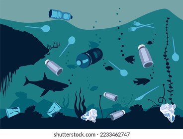Underwater life template. Ocean bottom with seaweeds. Marine scene. Stop plastic pollution. Plastic bottles, bags, knifes, spoons, forks. Blue plastic.
