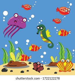 underwater life, there are so many animals like fish, jellyfish, shellfish and others