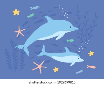 Underwater life of two cute dolphins in sea or ocean. Childish marine landscape or seascape with lovable fishes and colorful starfishes. Colored flat cartoon vector illustration of undersea world