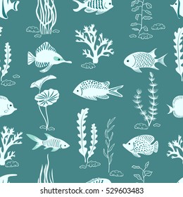 Underwater life vector background in blue color. Silhouettes of corals, seaweeds and fish seamless pattern