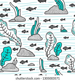 Underwater life. Vector illustration of fish and algae. Seamless background.