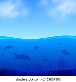 Underwater life vector illustration. Sea bottom with fishes and turtle silhouettes and cloudy sky background