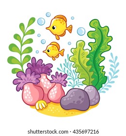 ?artoon underwater life.  Vector illustration. Sea, fish, algae, corals.Cartoon concept of wildlife in the ocean.