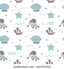 Underwater life vector seamless background. Children's textiles, wrapping paper. Octopuses, starfish, algae. Scandinavian style