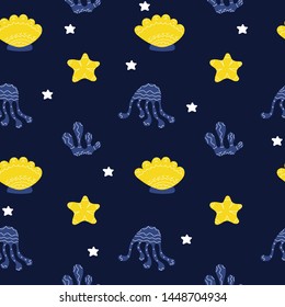 Underwater life vector seamless background. Octopuses, starfish, algae on dark background. Children's textiles, wrapping paper.