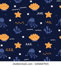 Underwater life vector seamless background. Children's textiles, wrapping paper. Octopuses, starfish, algae on dark background. Scandinavian style