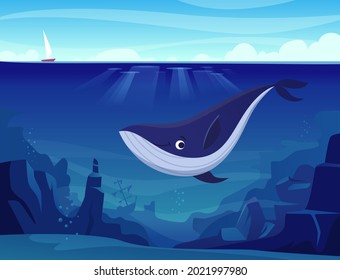 Underwater life. Whales and big fishes in ocean deep blue sea wild swimming animals exact vector cartoon background