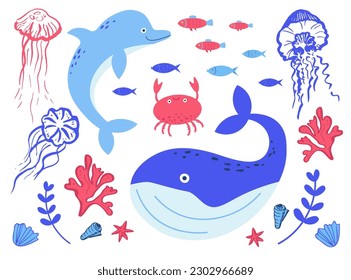 Underwater life.Dolphin, fish, crab, whale, jellyfish, coral. Hand drawn marine mammals in the oceans.Oceans day, Day to protect and save sea creatures. Hand drawn. Vector flat cartoon illustration
