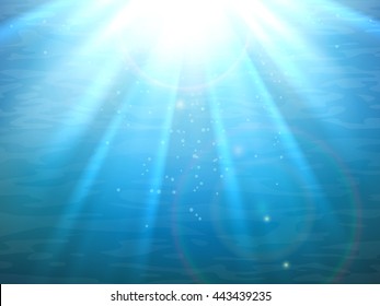 Underwater light rays. Blue water background with beams vector illustration