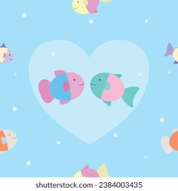 Underwater many pastel-colored fish on a light blue background (sea or lagoon), many white bubbles surround and a couple of fish are in love. It is for fabric, gift wrapping, and other pattern.