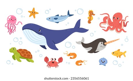 Animales marinos subacuáticos en ambientes marinos. Pulpo de dibujos animados, pescado, pez estrella, tortuga, cangrejo, ballena, caballito de mar, medusa, narval en el agua. Vida oceánica, caracteres naturales de fauna silvestre ilustración vectorial plana 