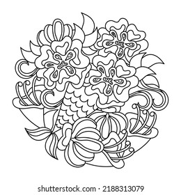Underwater Marine Coloring book page. Sea world, mermaid tail, fantastic underwater plants. Monochrome. Hand-drawn vector illustration